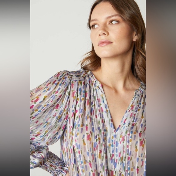 Velvet by Graham & Spencer Anastasia Printed Lurex Dress Long Sleeve Smocked S - Picture 10 of 16